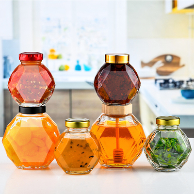 H11.7cm Diamond Shape Honey Jar 500ml Amber Glass Jar Wooden Lid