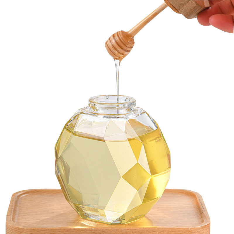 H11.7cm Diamond Shape Honey Jar 500ml Amber Glass Jar Wooden Lid